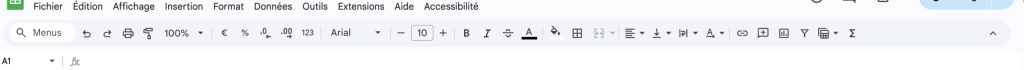 Google Sheets Menu Barre d'outils