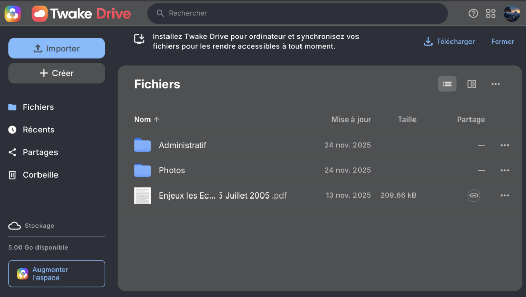 Interface de Twake Drive